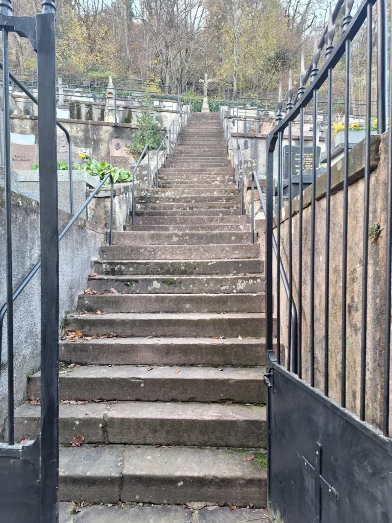 Escalier en pierre menant aux allées d'un cimetière paysager.