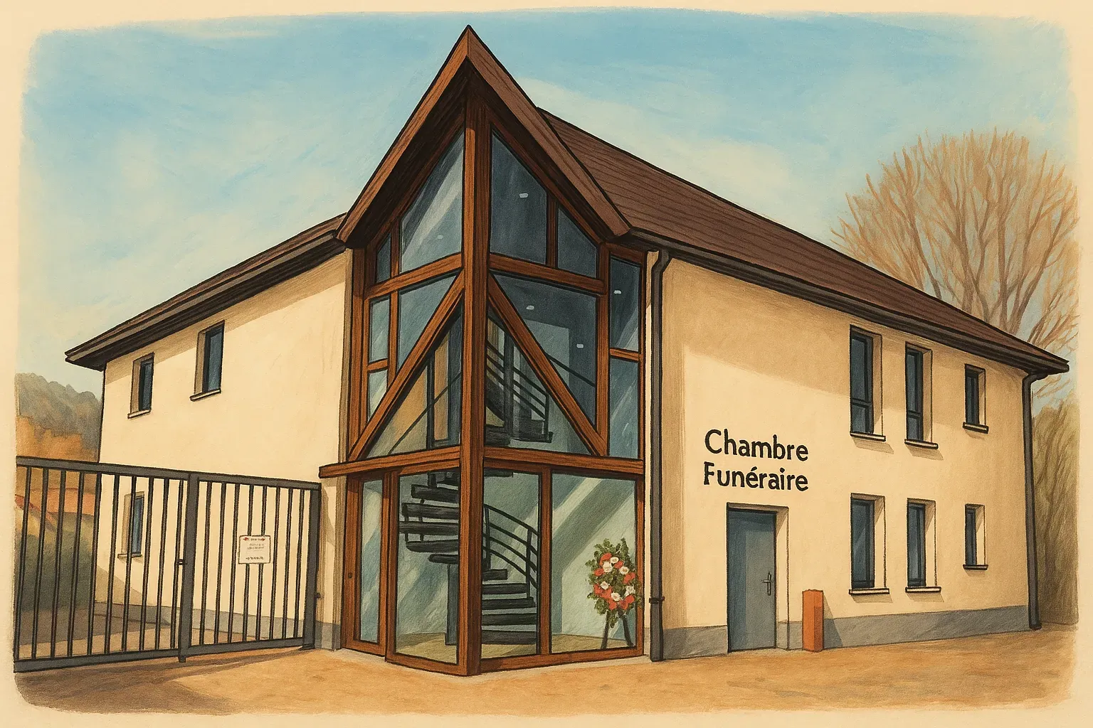 Illustration architecturale du bâtiment moderne d'une chambre funéraire.